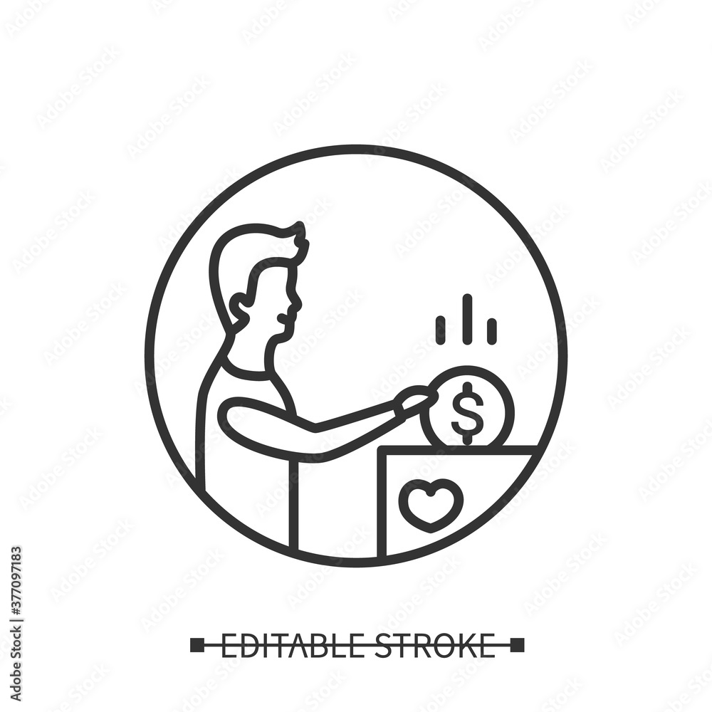 Philanthropy icon. Man donating money to church box or charity linear pictogram. Concept of good personal habits, homeless and poor people support. Editable stroke vector illustration