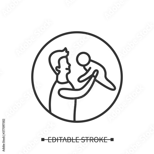 Parenthood icon. Man holding baby, father and child relationships linear pictogram. Concept of good parenting and learning being father. Editable stroke vector illustration for personal development