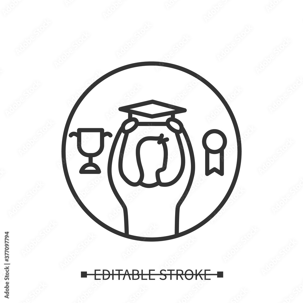 Graduation icon. Man with university hat and sports prize linear pictogram. Concept of getting good education, professional achievement and personal development. Editable stroke vector illustration Graduation icon. Man with university hat and sports prize linear pictogram. Concept of getting good education, professional achievement and personal development. Editable stroke vector illustration