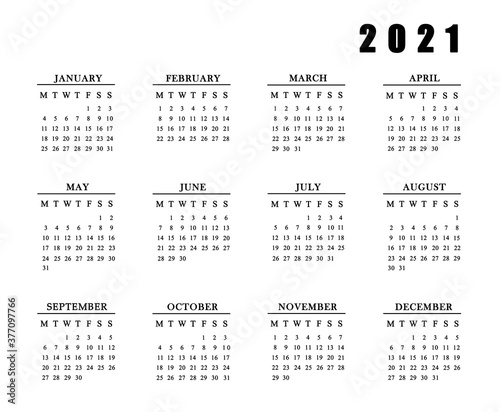 Calendar for 2021 on white background.Illustration