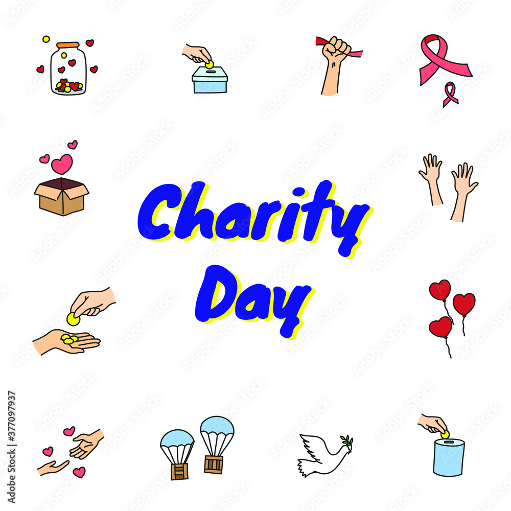 Charity time doodle illustration item with item vector colorful in paper background