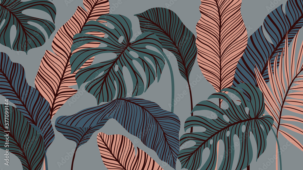 Tropical forest art deco wallpaper. Floral pattern with exotic flowers and  leaves, split-leaf Philodendron plant ,monstera plant, Jungle plants line  art on trendy background. Vector illustration. Stock Vector | Adobe Stock