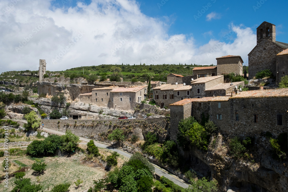 The beautiful panoramic cityscape of Minerve, the most beautiful medieval village of France, located in the picturesque mountain  valley in Pyrenees