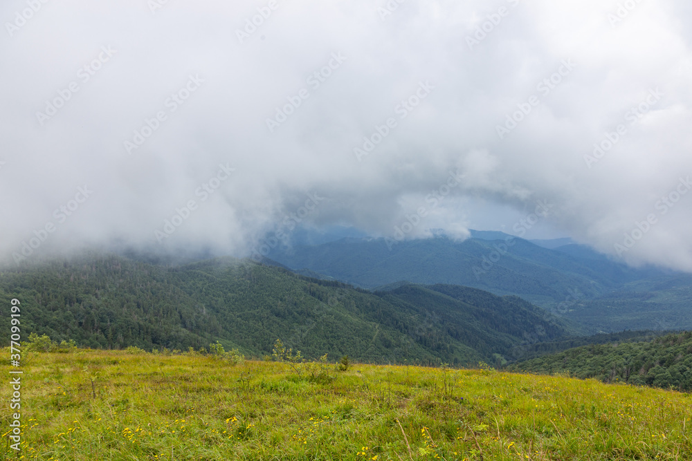 The landscape of the Carpathian mountains covered with forest is shrouded in fog and storm clouds.