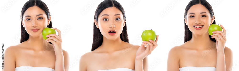 collage of emotional asian woman holding whole apple while looking at camera isolated on white, panoramic shot collage of emotional asian woman holding whole apple while looking at camera isolated on white, panoramic shot