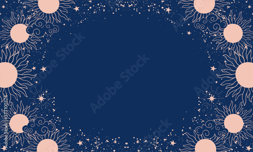 Magical blue background with sun or moon, place for text. Banner with stars, cosmic pattern for design in boho style, astrology. Doodle vector illustration