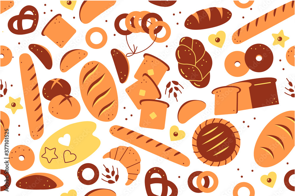 Bakery seamless pattern set. Hand drawn doodle white bread loaves pastry cookies toasts buns croissants donuts meal unhealthy nutrition food. Baked wheat agricultural products illustration.