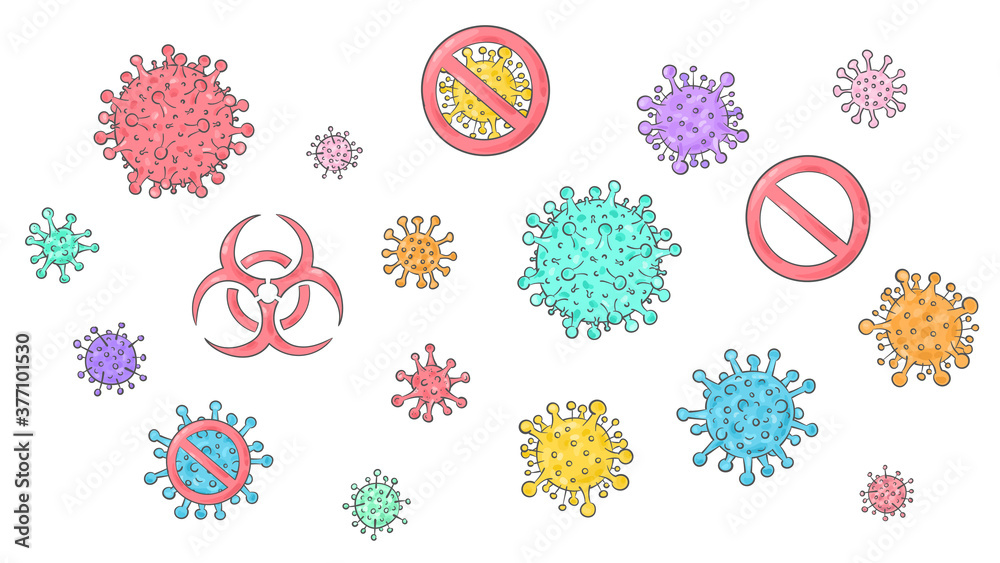 Covid-19 doodle bacterias. Virus sample. Biohazard sign. Covid-19 coronavirus protection and treatment. Medical doodles.