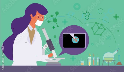 Medical tests template. chemical laboratory analysis - modern flat vector concept digital illustration of laboratory analysis. woman laboratory assistance with microscope, medical office or laboratory