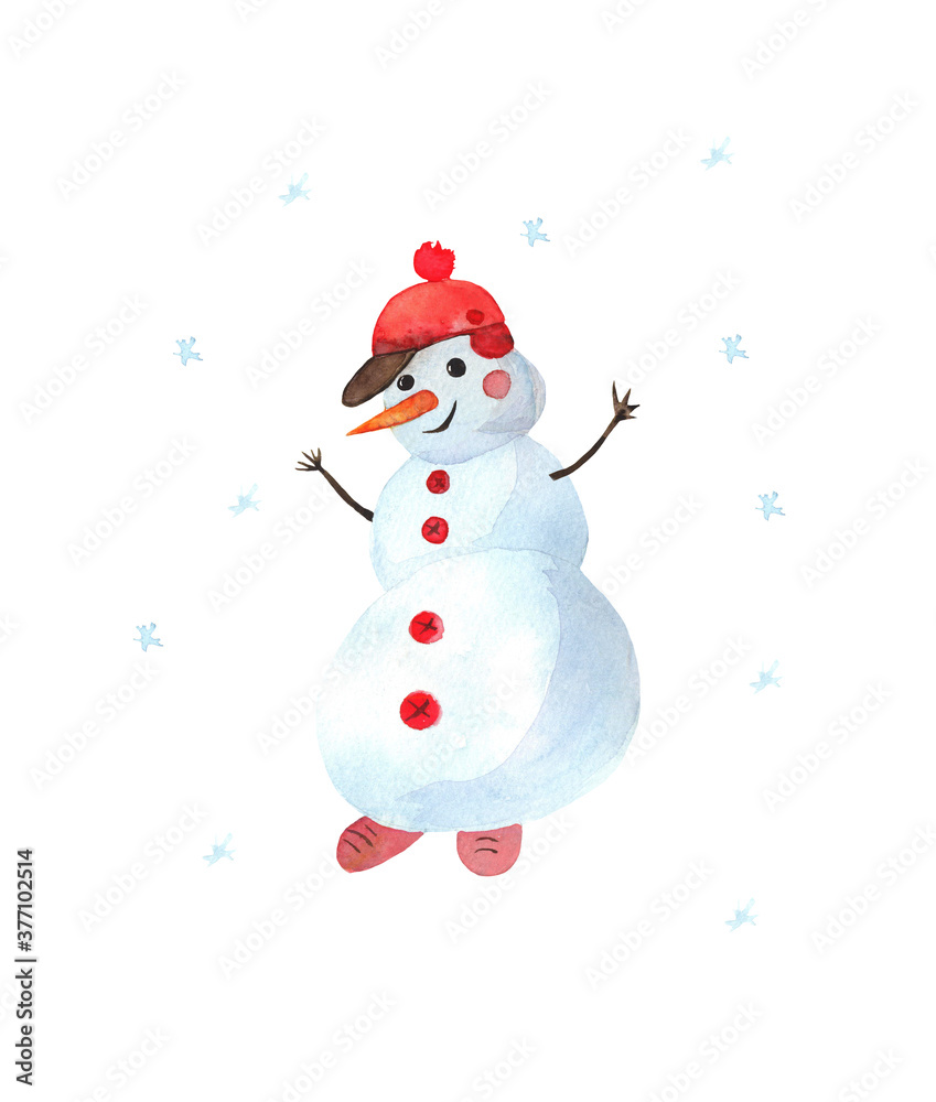 happy snowman with snowflakes, new year watercolor illustration, Christmas card. handmade work
