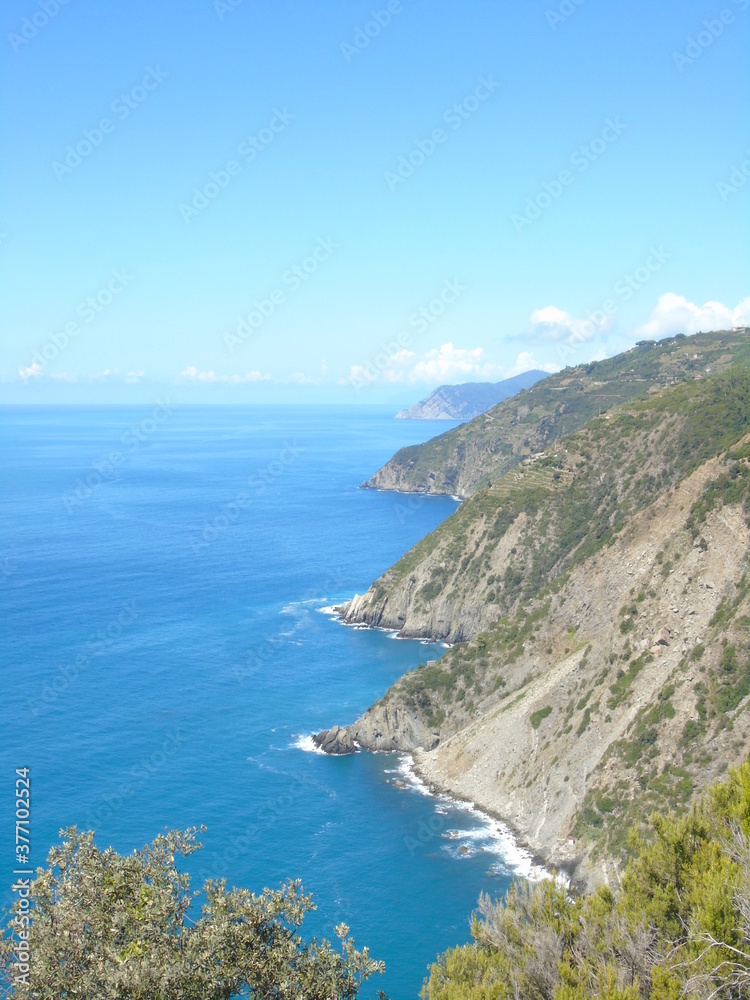 Liguria, Italy - 09/01/2020: Steep stairway overlooking the sea leading to the town of Monesteroli, in Liguria.