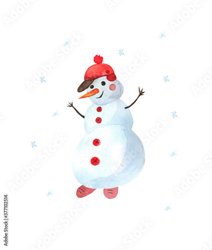 happy snowman with snowflakes, new year watercolor illustration, Christmas card. handmade work © Дарья Артемова