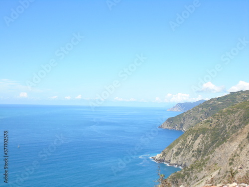 Liguria, Italy - 09/01/2020: Steep stairway overlooking the sea leading to the town of Monesteroli, in Liguria.