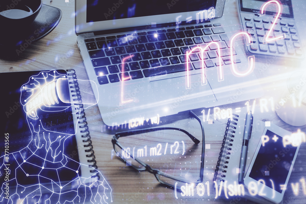 Desktop computer background and formula hologram writing. Double exposure. Education concept.