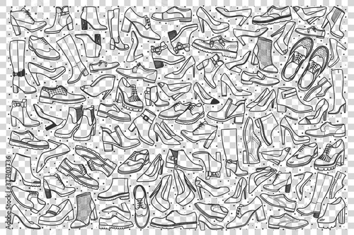 Shoes doodle set. Collection of hand drawn sketches templates patterns of male female footwear boots slippers on transparent background. Beauty and fashionable lifestyle illustration. © drawlab19