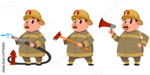 Fireman in different poses. Male character in cartoon style.