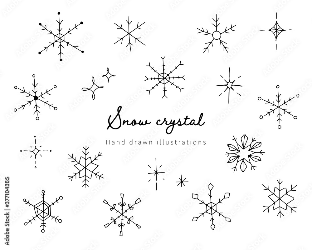 手描きの雪の結晶のイラストのセット／アイコン／冬／星／キラキラ／おしゃれ／シンプル／かわいい／線