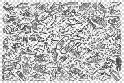 Sneakers doodle set. Collection of hand drawn sketches templates patterns of male female footwear trainers at shoes store on transparent background. Beauty and fashionable lifestyle illustration. © drawlab19