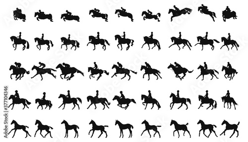 Print op canvas Large collection of silhouettes concept about equestrian sports, show jumping, d