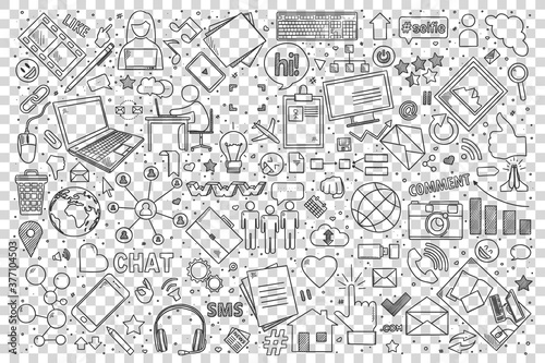 Social media doodle set. Collection of hand drawn sketches templates of communication messaging chatting in global network or sharing news. SMS sending and online conversation illustration.