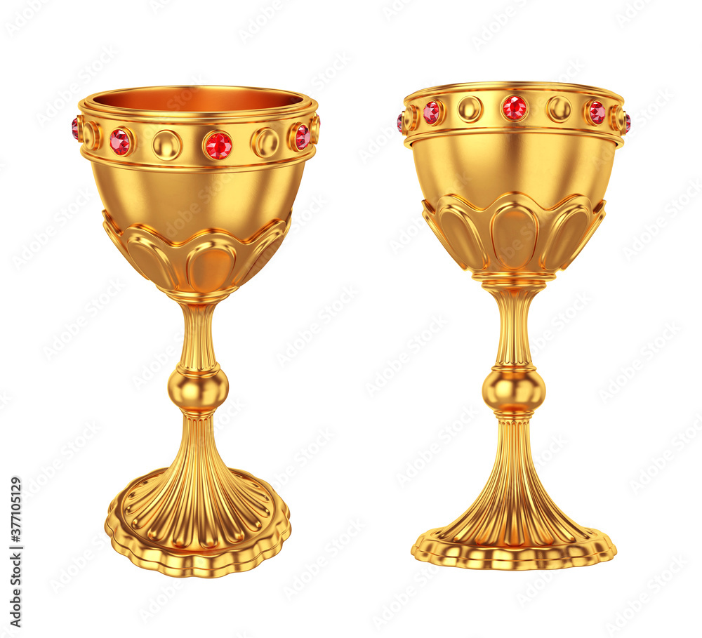 Gold chalice with red precious stones isolated on a white background ...