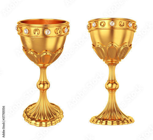 Canvas Print Gold chalice with white precious stones isolated on a white background, 3D rende