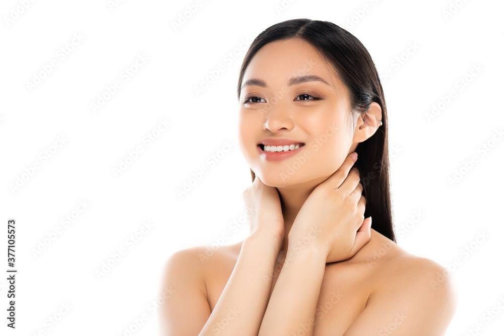 Young asian woman touching neck isolated on white Young asian woman touching neck isolated on white