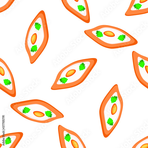 Georgian cuisine Ajarian Khachapuri seamless pattern dough and cheese with egg vector bread loaf and cooking ingredients national food bakery or pastry endless texture travel to Georgia wallpaper