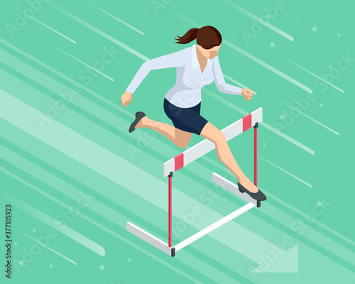Isometric business woman jumping over an obstacle. Overcome obstacles. Business competition concept.