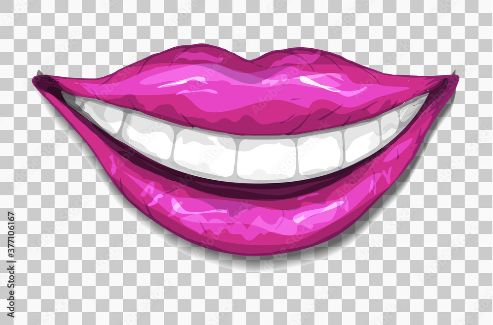 realistic, pink lips, a modern smile isolated on a transparent background. pink lips drawn by hand, in the style of doodles. vector illustration for printing, design, advertising, your ideas.