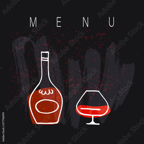 Black background with stylized cognac bottle and  glass. Menu page. Template. Copy space. 