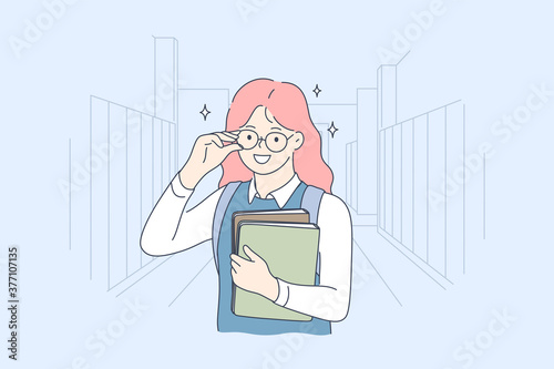 School, education, study, learning concept. Young happy smiling cheerful girl pupil cartoon character standing with books and looking at camera. Back to school and getting knowledge illustration.