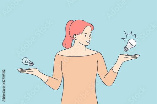 Choice, ecology, energy, recycling concept. Young happy smiling woman girl cartoon character standing and comparing energy saving light bulb with incandescent lamp. Eco living lifestyle illustration.