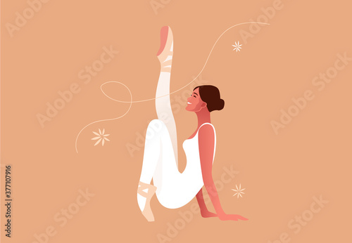 Beautiful ballerina flat vector illustration. Beauty of classic ballet. Young graceful woman ballet dancer Pointe shoes, pastel colors.