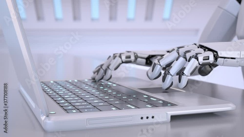 Robots hands typing on a laptop keyboard. 3D animation