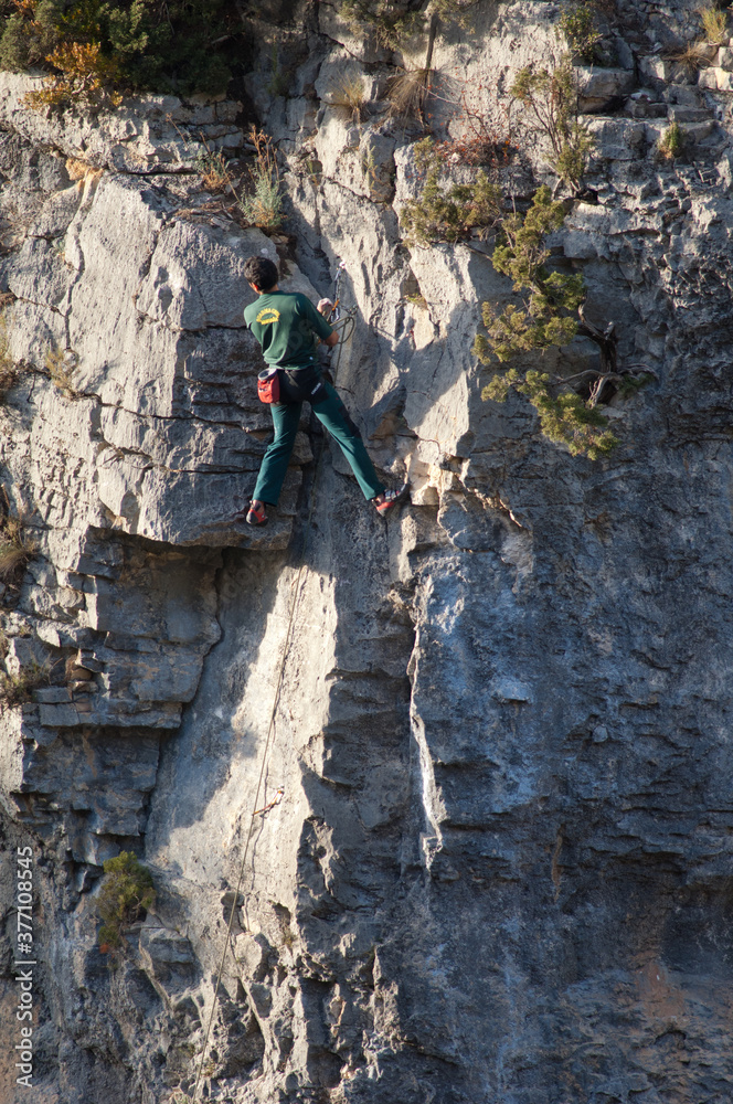 Climber in the Natural Park of the Mountains and Canyons of Guara. Huesca. Aragon. Spain.