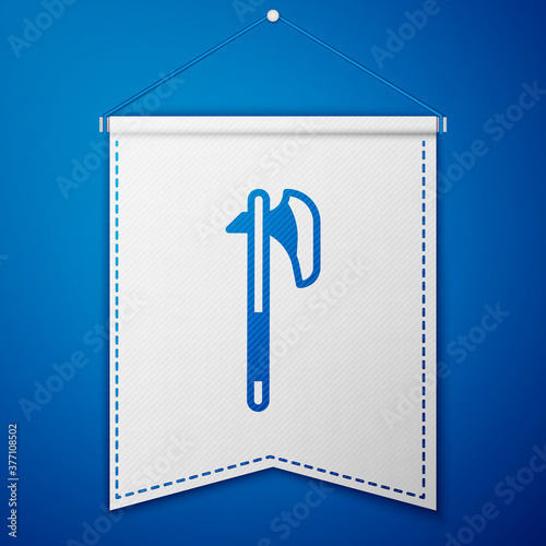 Blue Medieval axe icon isolated on blue background. Battle axe, executioner axe. Medieval weapon. White pennant template. Vector.