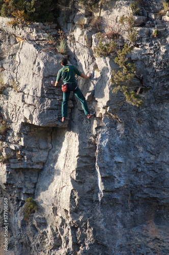 Climber in the Natural Park of the Mountains and Canyons of Guara. Huesca. Aragon. Spain.