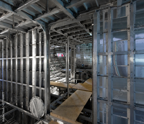 Interior of a aluminium hull. Air frame. Shipbuilding industry. Yacht builders.