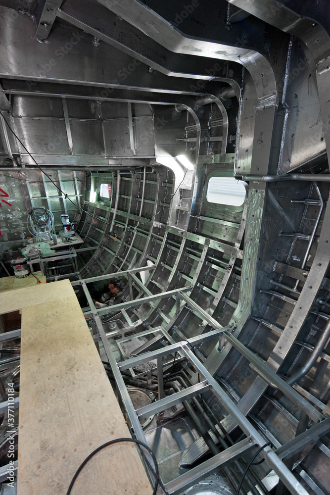 Fototapeta premium Interior of a aluminium hull. Air frame. Shipbuilding industry. Yacht builders.