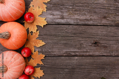 Orange pumpkins  red apples  yellow maple leaves on rough rustic wooden table background. Top view  copy space. Food  holiday  thanksgiving  harvest season concept.