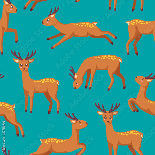 Cheerful reindeers in seamless pattern for various prints and designs. Jumping, standing, running, drinking reindeer in cartoon style. Vector illustration in blue seamless background