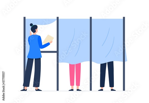 A woman stands in the voting booth. Voting and election concept. Democratic election. Vector flat illustration. 
