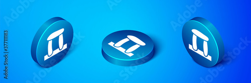 Isometric Stonehenge icon isolated on blue background. Blue circle button. Vector.