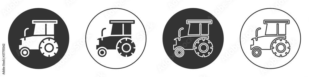 Black Tractor icon isolated on white background. Circle button. Vector.