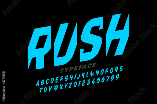 Speed style font design, alphabet and numbers, vector illustration