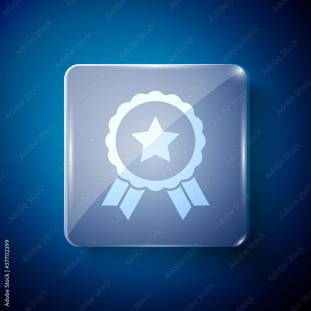 White Medal with star icon isolated on blue background. Winner achievement sign. Award medal. Square glass panels. Vector.