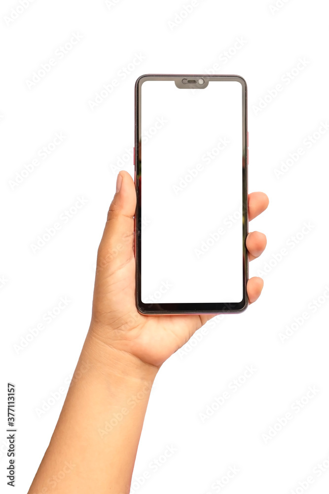 The hand is holding the white screen, the mobile phone is isolated on a white background with the clipping path. The hand is holding the white screen, the mobile phone is isolated on a white background with the clipping path.