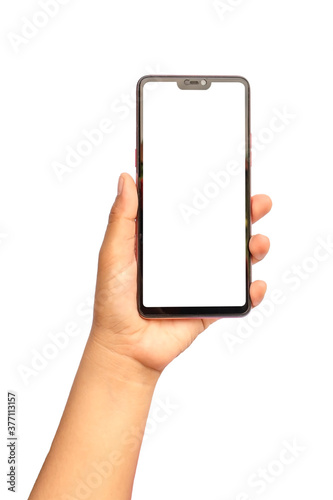 The hand is holding the white screen, the mobile phone is isolated on a white background with the clipping path.