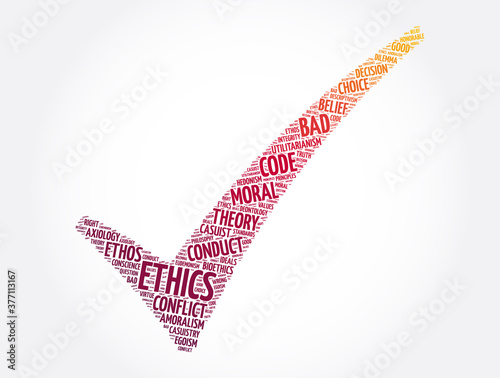 Ethics check mark word cloud collage, concept background